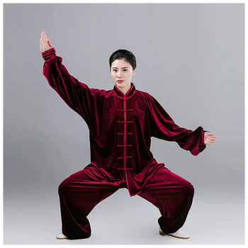 丝绒太极服女秋冬加厚加绒太极拳服装男练功服冬季太极服f 枣红色 xs