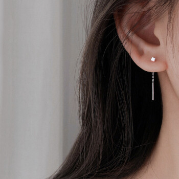 美芙尼 S925银方块耳线 甜美长款几何银耳链 韩版学生简约气质耳饰品 方块耳线 长约3.5cm 一对