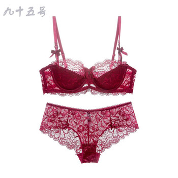 薄款女士性感蕾丝内衣套装本命年红色结婚半杯聚拢大码文胸 酒红 85c