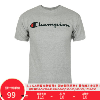 冠军champion短袖男夏季胶印logo半袖t恤潮牌情侣款gt23hy07718浅灰