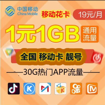 中国移动 辽宁4g移动手机号码卡19套餐享30g专属流量移动花卡宝藏版