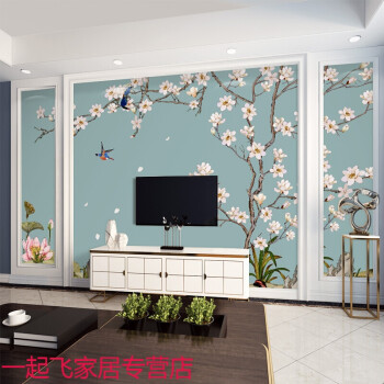 8中式电视背景墙壁纸客厅装饰墙纸和花鸟壁画影视墙布