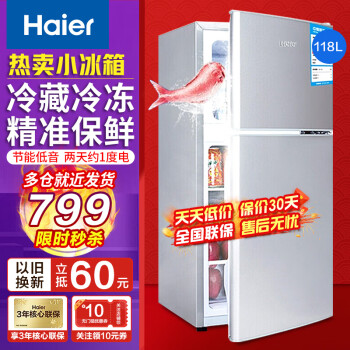  海尔（Haier）冰箱小型双开门小冰箱家用家电超薄风冷无霜/节能直冷迷你DEO净味保鲜二门智能电冰箱 118升双门节能直冷冰箱118TMPA