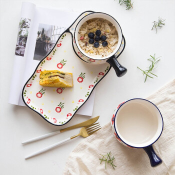 摩登主妇早餐餐具组合釉下彩创意西餐一人食陶瓷碗碟套装日式儿童分餐盘 素馨（一碗一盘）