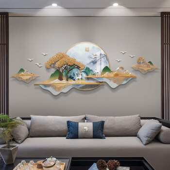 浮雕新中式圆形客厅装饰画沙发背景墙浮雕led发光餐厅立体山水壁挂画