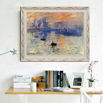 
                                        水竞油画临摹莫奈monet日出印象客厅风景装饰画简欧式卧室床头画餐厅挂画 白色实木画框 90*70                