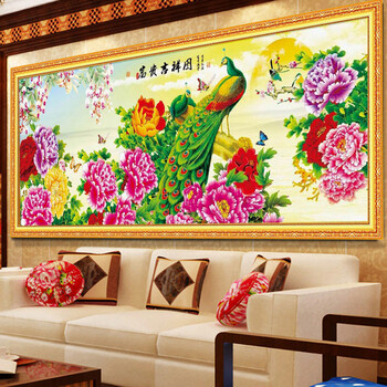 美岸新款5D魔方钻富贵满堂孔雀版钻石十字绣圆钻客厅钻石画大幅172*70 1