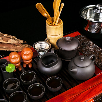 摩家优品 全黑紫砂茶具套装 实木整套茶托 花梨黑檀木茶盘 电热炉四合一茶道 GCJ-27