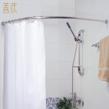 
                                        善庆 浴帘杆弧形浴帘套装l型浴室浴杆卫生间L形304不锈钢浴杆架 R20-80*120+帘+环                