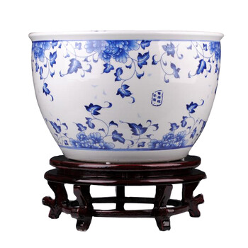 
                                        臻爵家饰 景德镇陶瓷器 青花瓷金鱼缸摆件 睡莲乌龟缸 居家实用 中号                