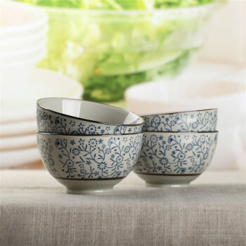 
                                        
                                        山田烧米饭碗 陶瓷碗套装(4.5英寸)釉下彩日式和风餐具(4只装) 吉祥花                