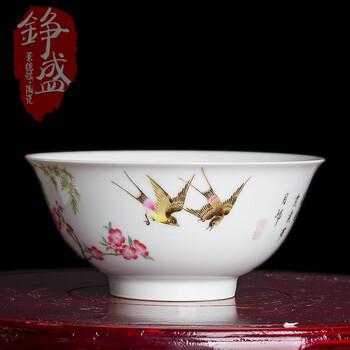 
                                        铮盛 景德镇陶瓷器 仿清乾隆年间 古玩 水点桃花 家居装饰摆件 饭碗                