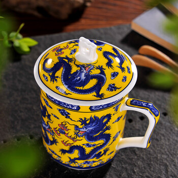 
                                        【敬瓷坊】景德镇骨瓷 茶杯陶瓷杯子 带盖 泡茶杯绿茶杯 办公杯 会议杯 大容量水杯 龙杯-双龙戏珠                