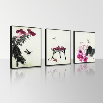 
                                        格丽 装饰画中式 名家国画齐白石字画作品写意花鸟实木有框画 客厅沙发背景墙壁挂画餐厅喷绘画 四联组合 70*90cm 实木有框画35mm厚                