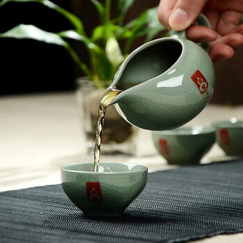 
                                        淘奔瓷 新款正品龙泉青瓷哥窑汝窑功夫茶具 陶瓷茶壶茶杯整套茶具茶盘套装 天青色-南瓜茶具                