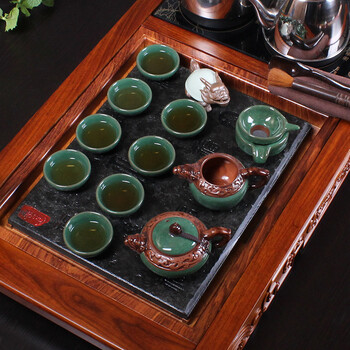 
                                        唐华 茶具套装整块乌金石茶盘实木红花梨木 宜兴紫砂功夫陶瓷茶壶茶叶罐青花茶具四合一连体套装 款式二富贵吉祥雕龙冰裂茶具套装                