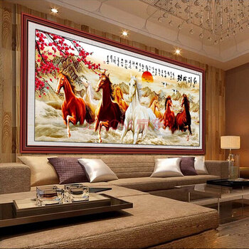 
                                        世轩印花十字绣马到成功八骏图新款八马图客厅大画动物八匹马系列 9ct棉线印花2.3X1.0米满绣                