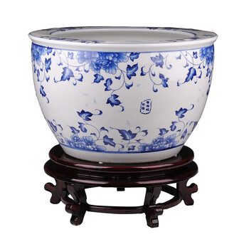 
                                        臻爵家饰 景德镇陶瓷器 青花瓷金鱼缸摆件 睡莲乌龟缸 居家实用 中号                