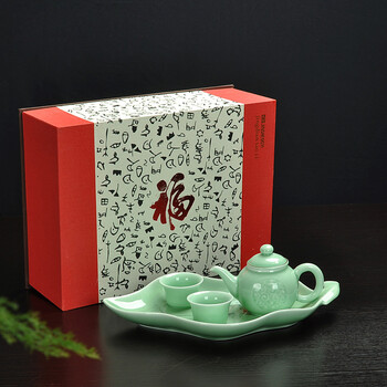 唐丰 干泡青瓷一壶二杯茶具套装功夫茶具茶杯带手绘茶托盘TF2719 祥瑞套装