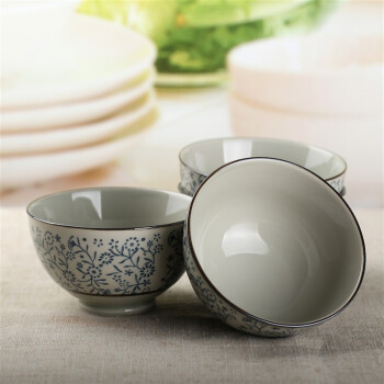 
                                        
                                        山田烧米饭碗 陶瓷碗套装(4.5英寸)釉下彩日式和风餐具(4只装) 吉祥花                