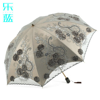 
                                        乐蓝女士手工刺绣金色伞骨黑胶遮阳伞防晒二折蕾丝公主户外晴雨伞太阳伞17 灰色                