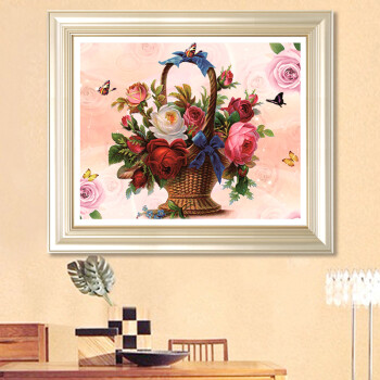 
                                        初艺 新款5D魔方钻石画客厅卧室花篮玫瑰牡丹插花草花卉图砖石秀水钻点钻圆钻粘贴钻十字绣 魔方钻花篮 尺寸58X48cm                