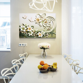 
                                        福雕家饰 现代装饰画 客厅餐厅植物花卉无框画 餐厅走廊壁画 手绘浮雕画 春之百合香 咖色 64.5*42.5                