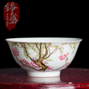 
                                        铮盛 景德镇陶瓷器 仿清乾隆年间 古玩 水点桃花 家居装饰摆件 饭碗                