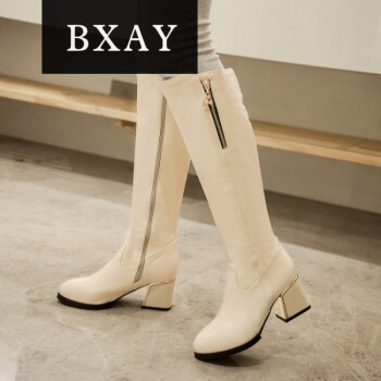 bxay2018冬季白色高筒及膝靴加绒过膝长靴瘦腿靴高跟鞋粗跟女靴子