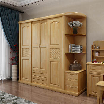 四门衣橱现代中式4门卧室衣柜带转角柜 实木家具多功能存物柜 原木色