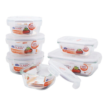 乐扣乐扣(lock&lock)微波炉饭盒 玻璃套装保鲜盒 套装六件套（300ml+380ml*2+650ml*2+1000ml）LLG445S004
