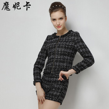 魔妮卡 2015春新款女装小香风杨颖明星同款长袖毛呢外套短裤套装潮8013 黑色 S