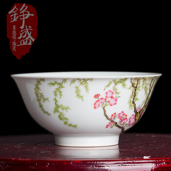 
                                        铮盛 景德镇陶瓷器 仿清乾隆年间 古玩 水点桃花 家居装饰摆件 饭碗                