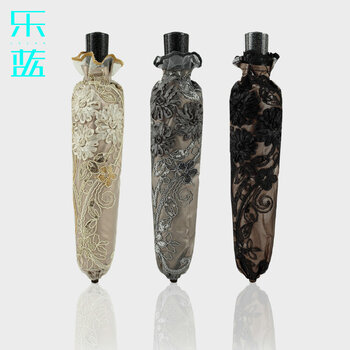 
                                        乐蓝女士手工刺绣金色伞骨黑胶遮阳伞防晒二折蕾丝公主户外晴雨伞太阳伞17 灰色                