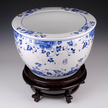 
                                        臻爵家饰 景德镇陶瓷器 青花瓷金鱼缸摆件 睡莲乌龟缸 居家实用 中号                
