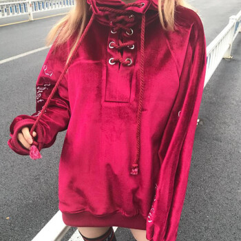 秋装原宿bf风学生刺绣上衣金丝绒绑绳外套抓绒卫衣女 酒红色 l