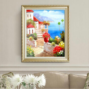 
                                        山迪手绘油画欧式客厅装饰画餐厅玄关挂画地中海风景画 地中海B1竖版 实木画框62X72cm                
