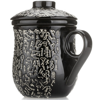 山田烧茶杯 陶瓷带过滤茶漏3件套钟鼎文色釉茶杯带盖大容量陶瓷茶杯 黑色