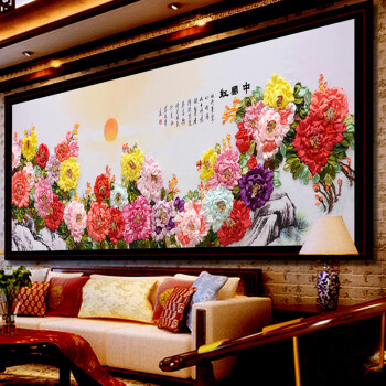 
                                        悠趣 手工绣丝带绣套件 大幅牡丹客厅装饰挂画 185x70cm 中国红 A-382                