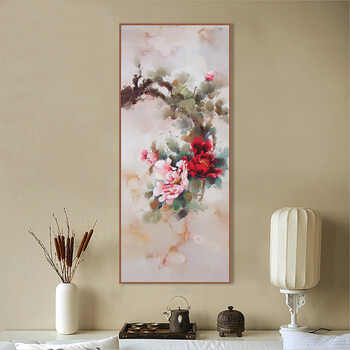 天顶山 中式客厅装饰画现代油画沙发背景墙挂画玄关壁画牡丹花卉 简约画框+手工装裱+简约现代 50x120cm