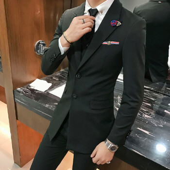 英伦风中长款西装三件套男士青年修身帅气韩版西服套装休闲伴郎服 中