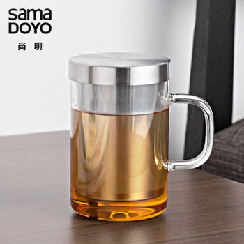【618同价】尚明耐热玻璃杯 不锈钢过滤带盖泡茶杯 隔热玻璃茶杯 带把办公水杯 透明把柄500毫升