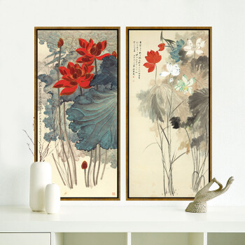 盛世乾坤 新中式装饰画 现代客厅挂画书房玄关壁画 张大千水墨金线荷花国画竖版 沙发背景墙 张大千-金线荷花 42*82原木纹色