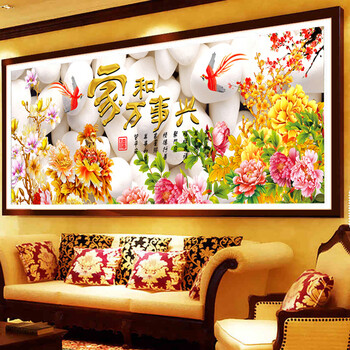 卡蒂奇十字绣新款客厅大画家和万事兴系列印花金色牡丹花开富贵十字绣套件正品 3股线绣 11CT棉线少量现货160*50CM