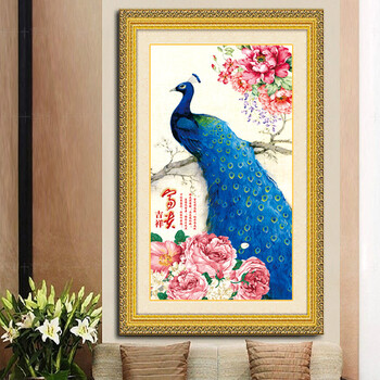 悠趣 富贵吉祥孔雀 魔方钻 手工钻石画贴钻 牡丹花开 走廊过道装饰挂画 小版40x70CM
