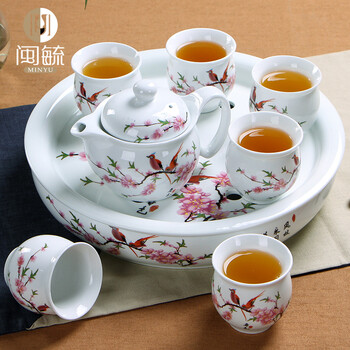 闽毓 茶具套装特价促销 双层陶瓷功夫茶具套装促销带茶盘隔热 水点桃花