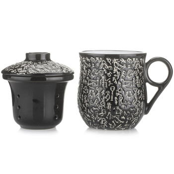 山田烧茶杯 陶瓷带过滤茶漏3件套钟鼎文色釉茶杯带盖大容量陶瓷茶杯 黑色