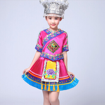 儿童苗族演出服女童少数民族服装百褶裙云南土家族葫芦丝表演 玫红 苗