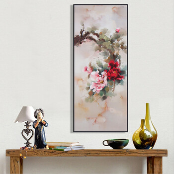 天顶山 中式客厅装饰画现代油画沙发背景墙挂画玄关壁画牡丹花卉 简约画框+手工装裱+简约现代 50x120cm