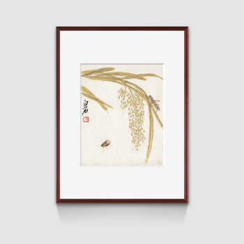 新中式客厅三联餐厅双联竖幅挂画 荷花蜻蜓版画 精雅檀木-金色稻穗